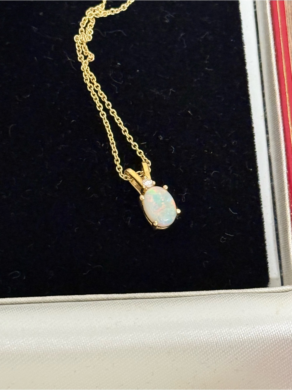 Vintage Gold Solid 14k Opal and Diamond Accent Necklace